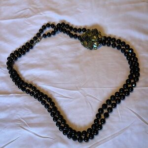 Stella & Dot black stone necklace with brooch, 62”
